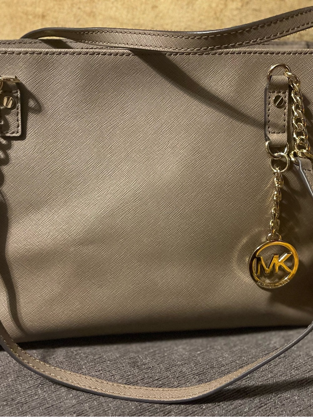 Michael Kors Taupe Saffiano Leather Tote with Gold MK Charm